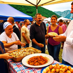 ** A vibrant food festival scene in Montenegro. Focus on local delicacies like *njeguški pršut* and *sir iz ulja*. Show people enjoying the food and interacting with local producers. Capture the lively atmosphere with traditional music in the background.

**