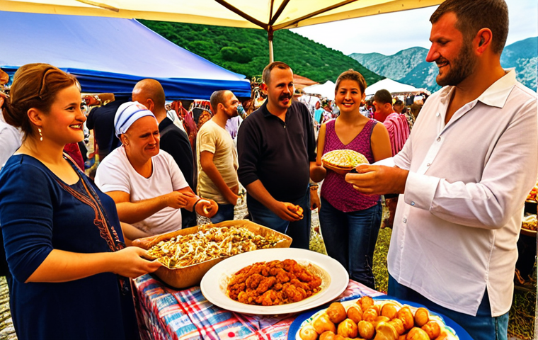 ** A vibrant food festival scene in Montenegro. Focus on local delicacies like *njeguški pršut* and *sir iz ulja*. Show people enjoying the food and interacting with local producers. Capture the lively atmosphere with traditional music in the background.

**