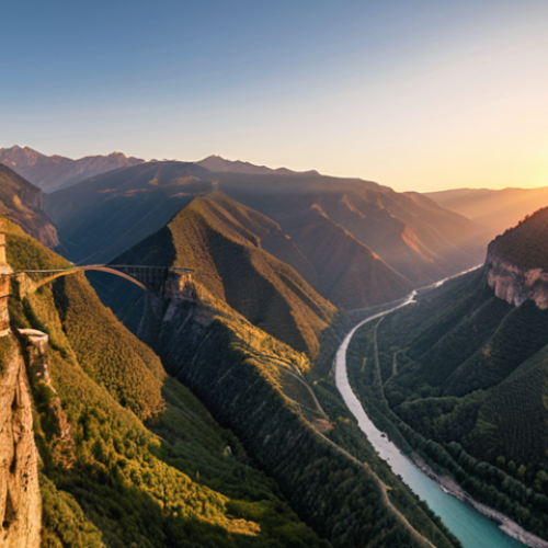 **

A panoramic view of the Tara River Canyon at sunset, emphasizing the depth and vastness, with the bridge spanning across. Capture the light playing on the mountain peaks, and a small zipline visible in the distance.

**