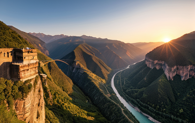 **

A panoramic view of the Tara River Canyon at sunset, emphasizing the depth and vastness, with the bridge spanning across. Capture the light playing on the mountain peaks, and a small zipline visible in the distance.

**