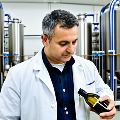 A professional food technologist, fully clothed in a modest lab coat over appropriate business attire, meticulously inspecting a bottle of premium Montenegrin olive oil in a state-of-the-art food processing facility. The background features gleaming stainless steel equipment and a pristine, well-lit environment, emphasizing quality control and modern production. Perfect anatomy, correct proportions, natural pose, well-formed hands, proper finger count, natural body proportions. Professional photography, sharp focus, high detail, ultra realistic, safe for work, appropriate content, fully clothed, professional, family-friendly.