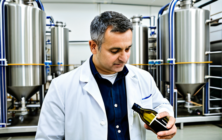A professional food technologist, fully clothed in a modest lab coat over appropriate business attire, meticulously inspecting a bottle of premium Montenegrin olive oil in a state-of-the-art food processing facility. The background features gleaming stainless steel equipment and a pristine, well-lit environment, emphasizing quality control and modern production. Perfect anatomy, correct proportions, natural pose, well-formed hands, proper finger count, natural body proportions. Professional photography, sharp focus, high detail, ultra realistic, safe for work, appropriate content, fully clothed, professional, family-friendly.